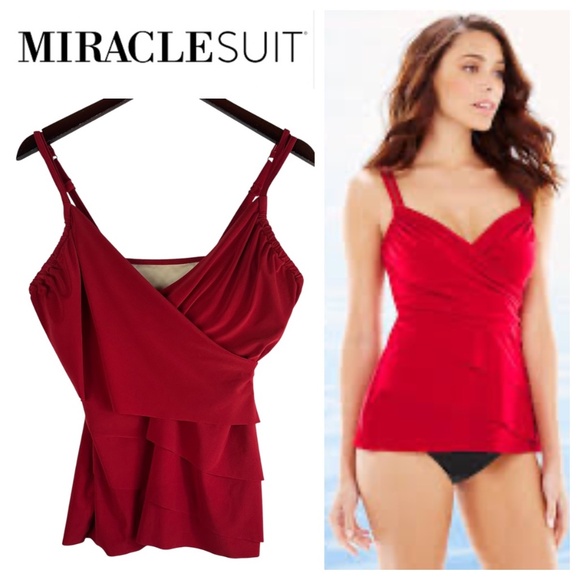 Miraclesuit Rumba Sz 10 Medium Swimsuit Top Tankini Red Slimming Ruched Cruise